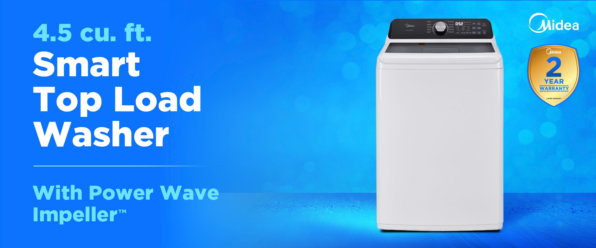 Midea 4.5 cubic foot smart top load washer in white with black control panel and 2-year warranty badge, featuring Power Wave Impeller technology