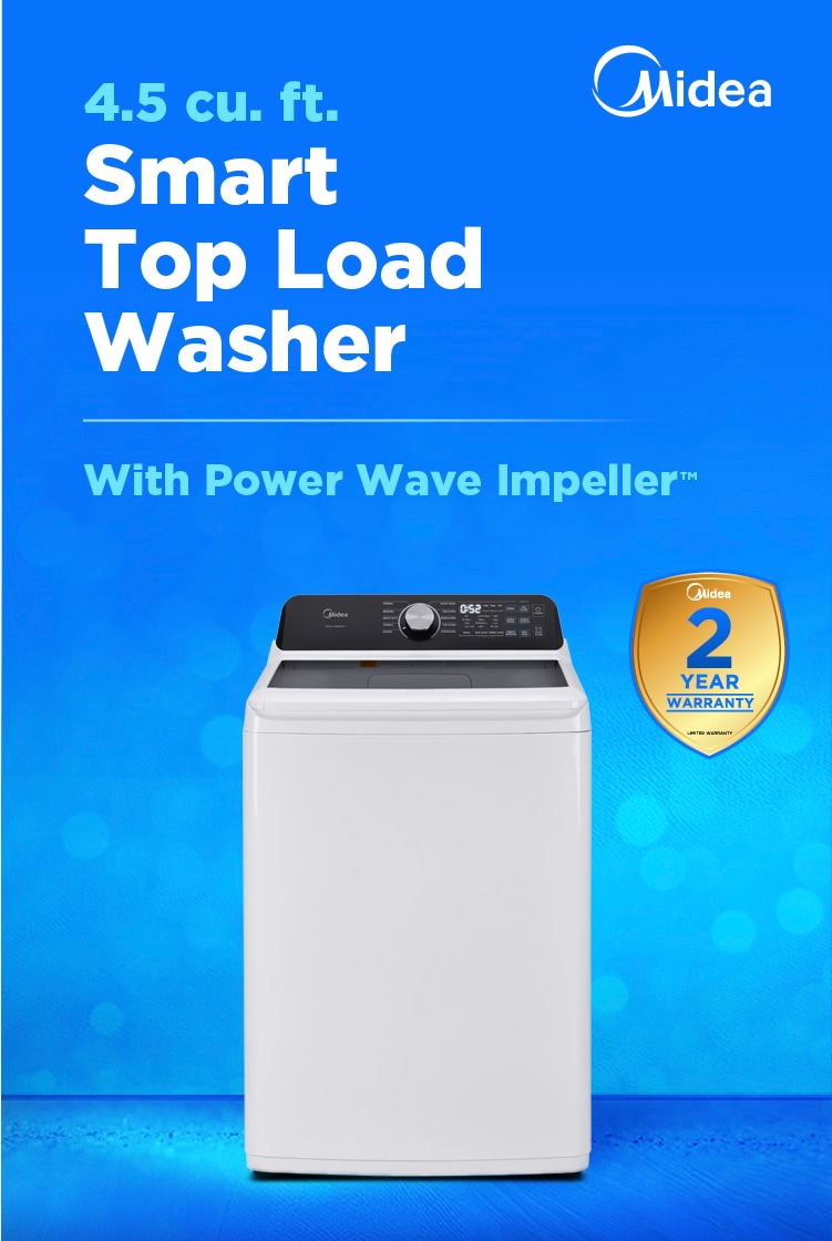 Midea 4.5 cubic foot smart top load washer in white with black control panel and 2-year warranty badge, featuring Power Wave Impeller technology