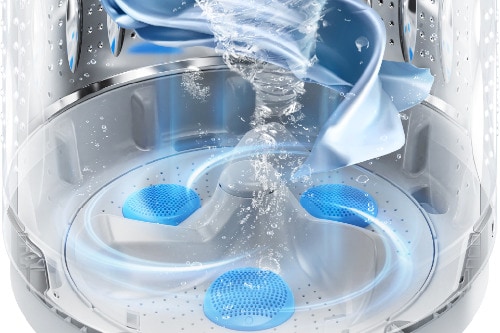Action shot of Midea washer's Power Wave Impeller in operation showing water circulation and blue textured wash elements inside stainless steel drum