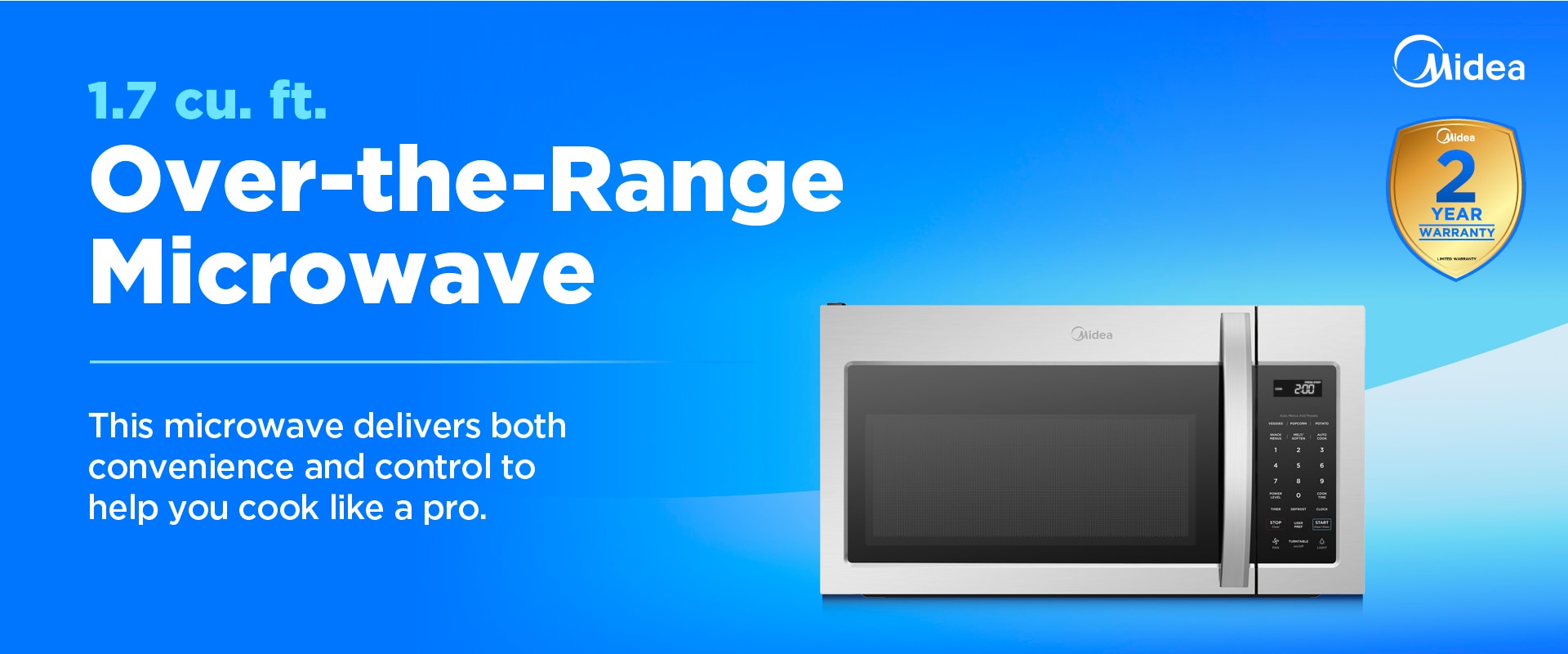 Midea 1.7 cu. ft. over-the-range microwave in stainless steel with digital controls, large viewing window, and 2-year warranty badge for convenient cooking.