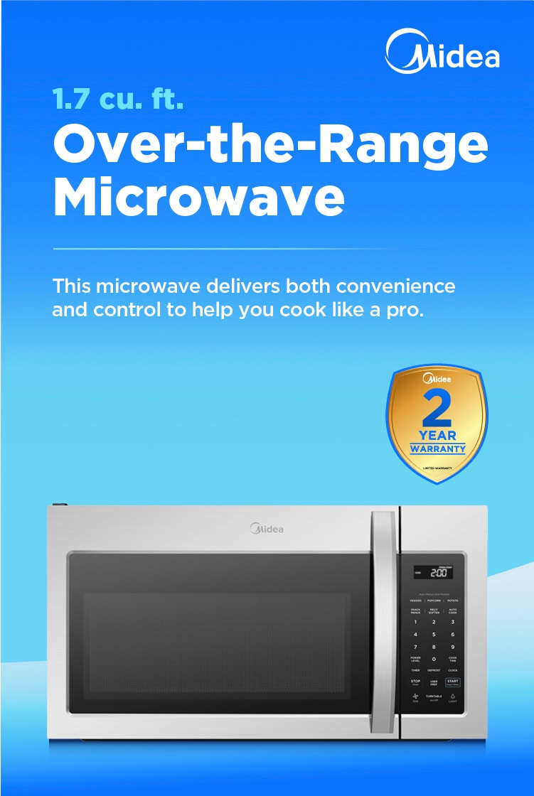 Midea 1.7 cu. ft. over-the-range microwave in stainless steel with digital controls, large viewing window, and 2-year warranty badge for convenient cooking.