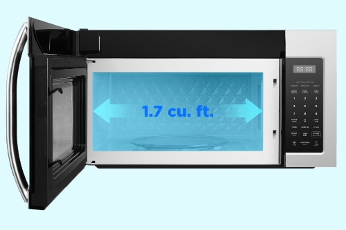 Front view of Midea over-the-range microwave with door open, showing spacious 1.7 cu. ft. interior capacity with blue graphic and stainless steel construction.