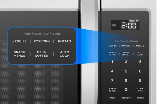 Close-up of microwave control panel showing auto menus and presets for Veggies, Popcorn, Potato, Snack Menus, Melt/Soften, and Auto Cook with digital display and numbered keypad.