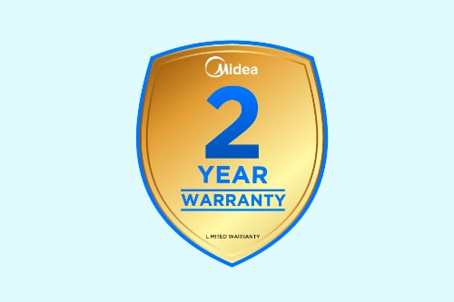 Midea 2-year limited warranty badge with gold shield and blue border, providing parts and labor coverage for the over-the-range microwave.