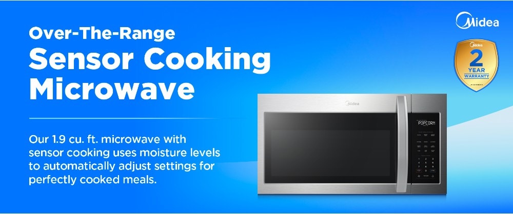 Midea advertisement showing a 1.9 cu. ft. over-the-range sensor cooking microwave with text about automatic moisture-based cooking and a 2-Year Warranty badge.