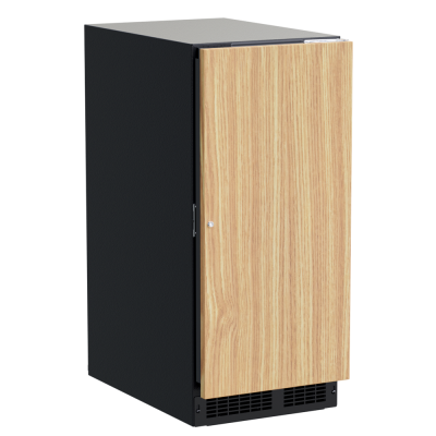 Marvel MPBV415-IS31 beverage center with custom light wood grain panel door and black cabinet body, vertical handle on right side, bottom ventilation grille, compact design for built-in or freestanding installation.