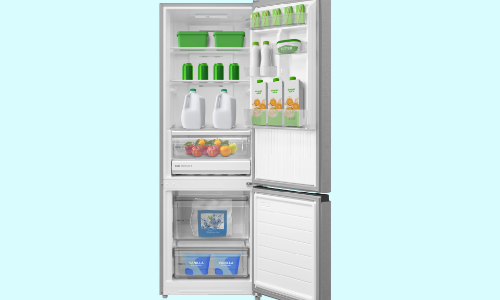 Midea bottom-freezer refrigerator with both doors open showing white interior, top refrigerator section with shelves containing bottles and produce, and bottom freezer drawers with frozen items against light blue background.
