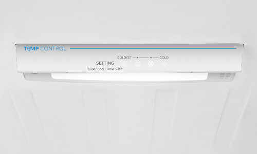 White refrigerator or freezer drawer with recessed handle showing temperature control panel labeled 