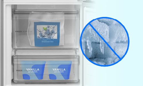 Frost-free freezer compartment with two clear drawers containing frozen items, featuring blue circular badge with crossed-out frost icon indicating automatic defrost technology against white background.