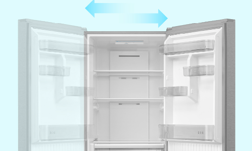 Refrigerator with reversible French doors shown open to both sides with blue arrows indicating bidirectional door swing, displaying white interior with adjustable shelves and door bins against light background.