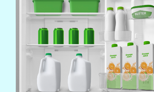 Refrigerator shelves and door bins containing dairy products: green storage containers on upper shelf, white milk jugs on middle shelf, and orange juice cartons plus butter dish in door storage.