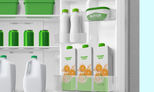 Refrigerator door storage with three tall bins holding orange juice cartons, butter compartment at top, and side shelving with green beverage cans and white milk bottles against white interior.