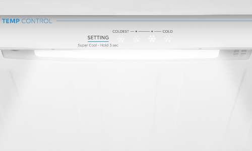 White refrigerator interior showing temperature control panel at top with sliding scale from coldest to cold, displaying 