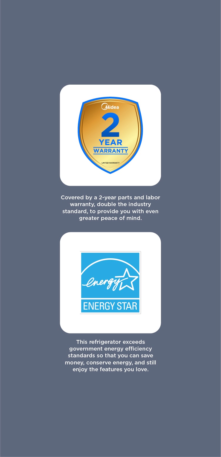 Side-by-side display of Midea 2-year warranty gold shield badge and Energy Star certification logo with descriptions highlighting extended warranty coverage and energy efficiency benefit