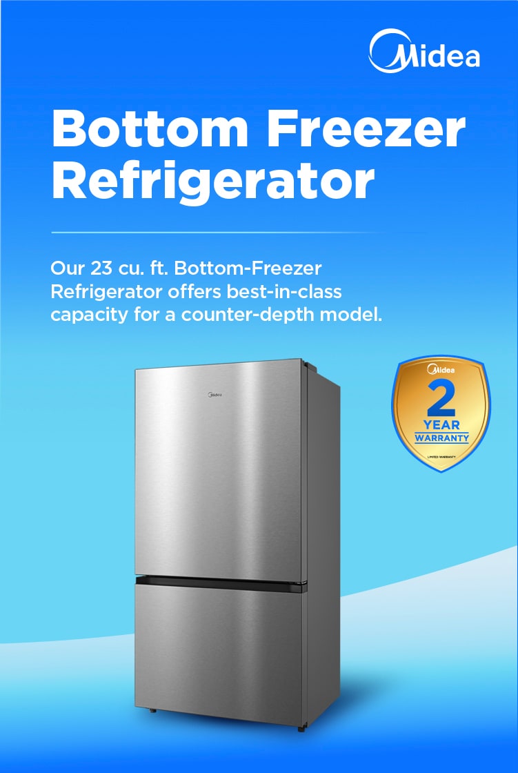 Midea stainless steel bottom-freezer refrigerator model MRB23D5AST on blue gradient background with white text highlighting 23 cubic feet capacity and 2-year warranty badge.