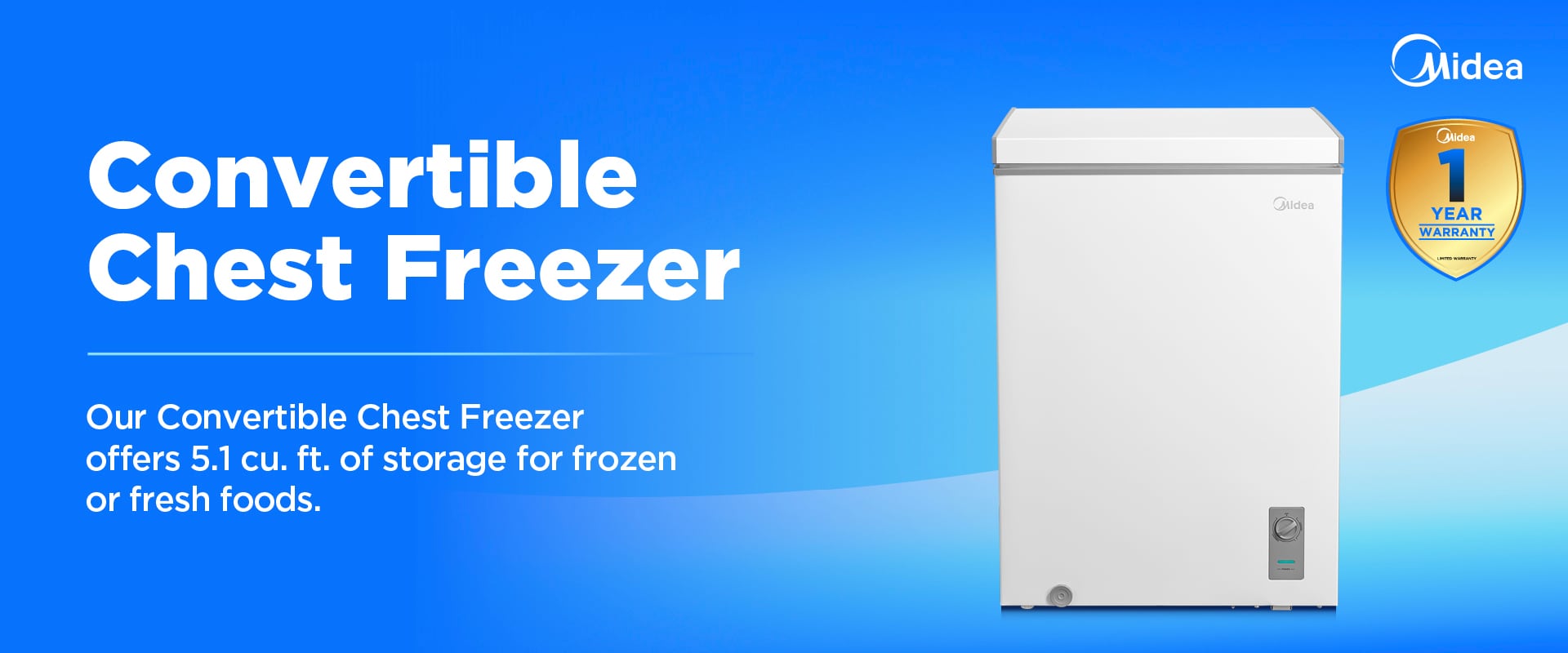Midea Convertible Chest Freezer banner showing white 5.1 cu. ft. freezer on a blue background with text highlighting its storage capacity and a 1-year warranty ba