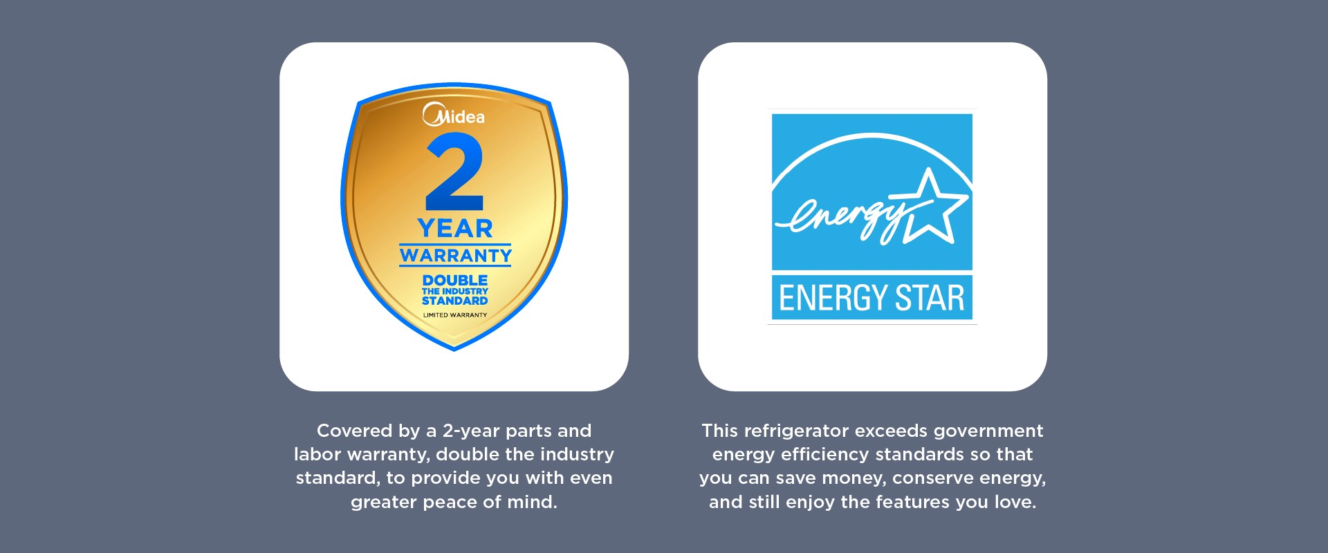 Midea 2-year warranty badge and Energy Star certification logo with text highlighting extended warranty coverage and high energy efficiency standards.