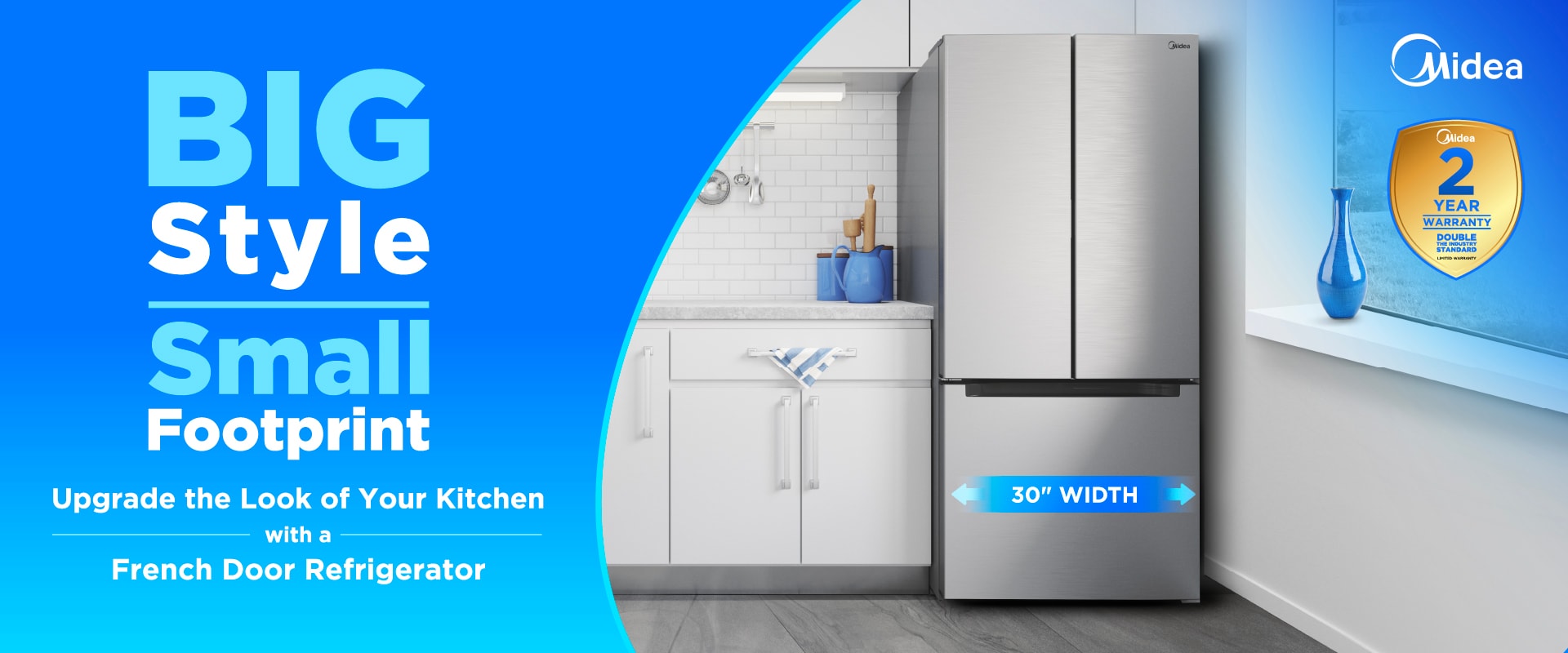 Midea banner featuring 30-inch French Door Refrigerator with 2-year warranty.