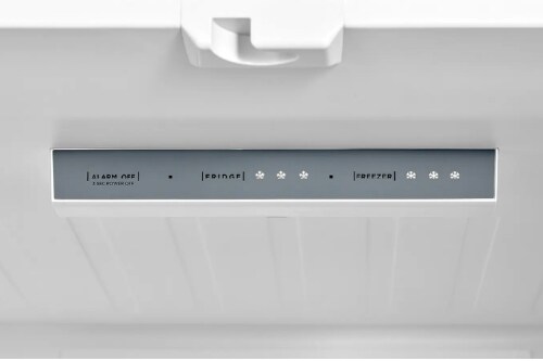 Close-up of refrigerator control panel showing alarm, fridge, and freezer temperature indicators.