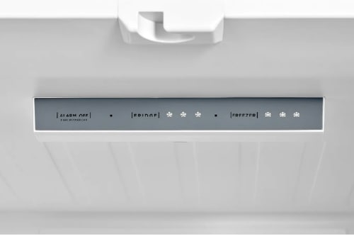 Close-up of refrigerator control panel showing alarm, fridge, and freezer temperature indicators.