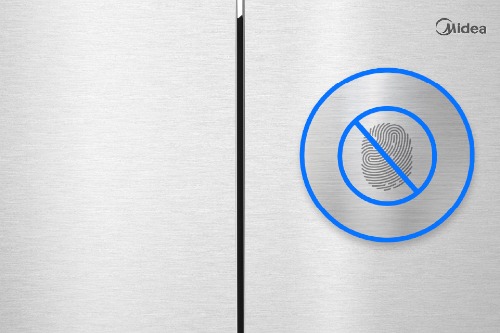 Close-up of the stainless steel doors on Midea Refrigerator Model MRF23I5AST with a graphic indicating a fingerprint-resistant finish.