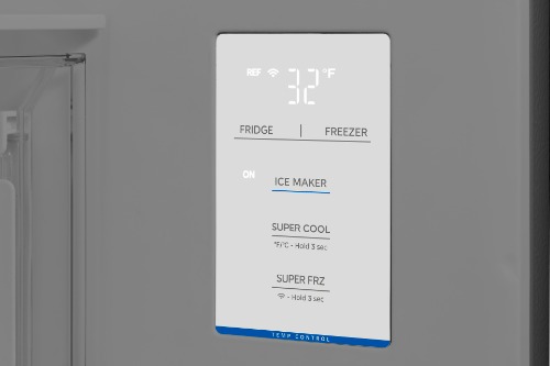 Close-up of the interior touch control panel in Midea Refrigerator Model MRF23I5AST showing 37°F temperature setting, fridge and freezer controls, ice maker, Super Cool, and Super Freeze options.