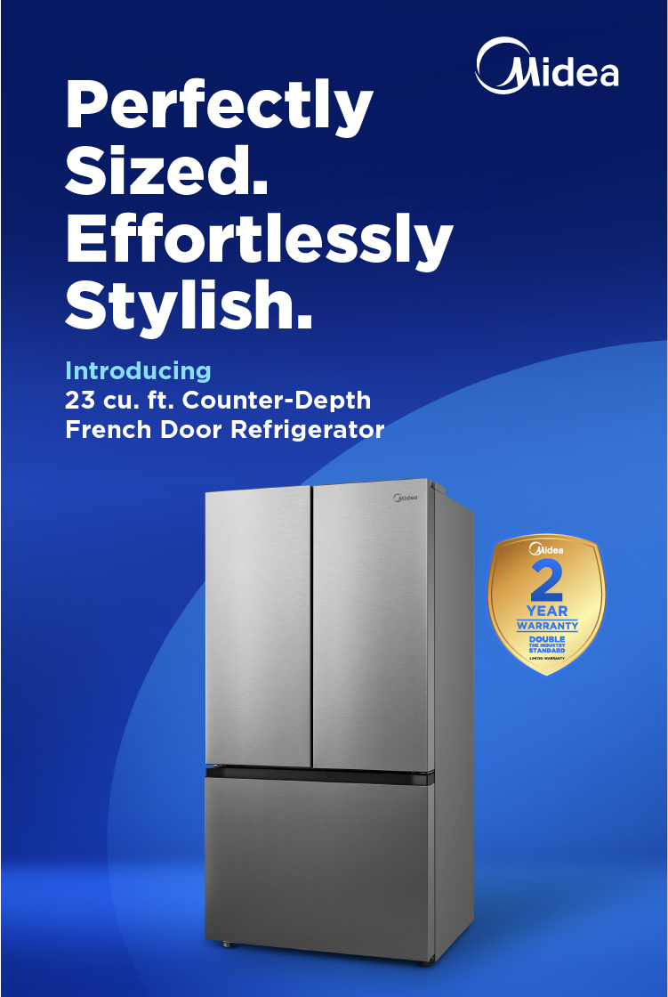 Midea stainless steel compact mini refrigerator on blue gradient background with white text highlighting 2.7 cubic feet space-saving design and 1-year warranty badge.