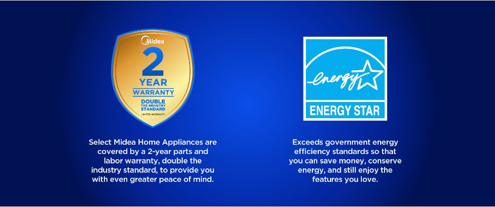 Side-by-side display of Midea 2-year warranty gold shield badge and Energy Star certification logo with descriptions highlighting extended warranty coverage and energy efficiency benefit.