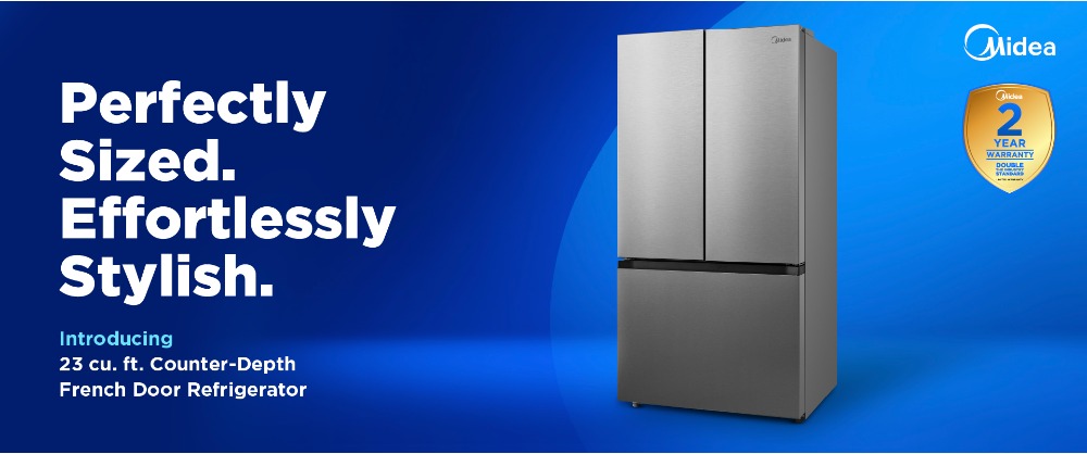 Midea 23 cu. ft. Counter-Depth French Door Refrigerator in stainless steel finish. Text reads: Perfectly Sized. Effortlessly Stylish. Includes 2-year warranty badge.