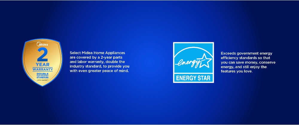Midea promotional banner on blue background highlighting two certifications: a gold shield badge showing 2-Year Warranty, double the industry standard, and the Energy Star logo confirming the appliance exceeds government energy efficiency standards.