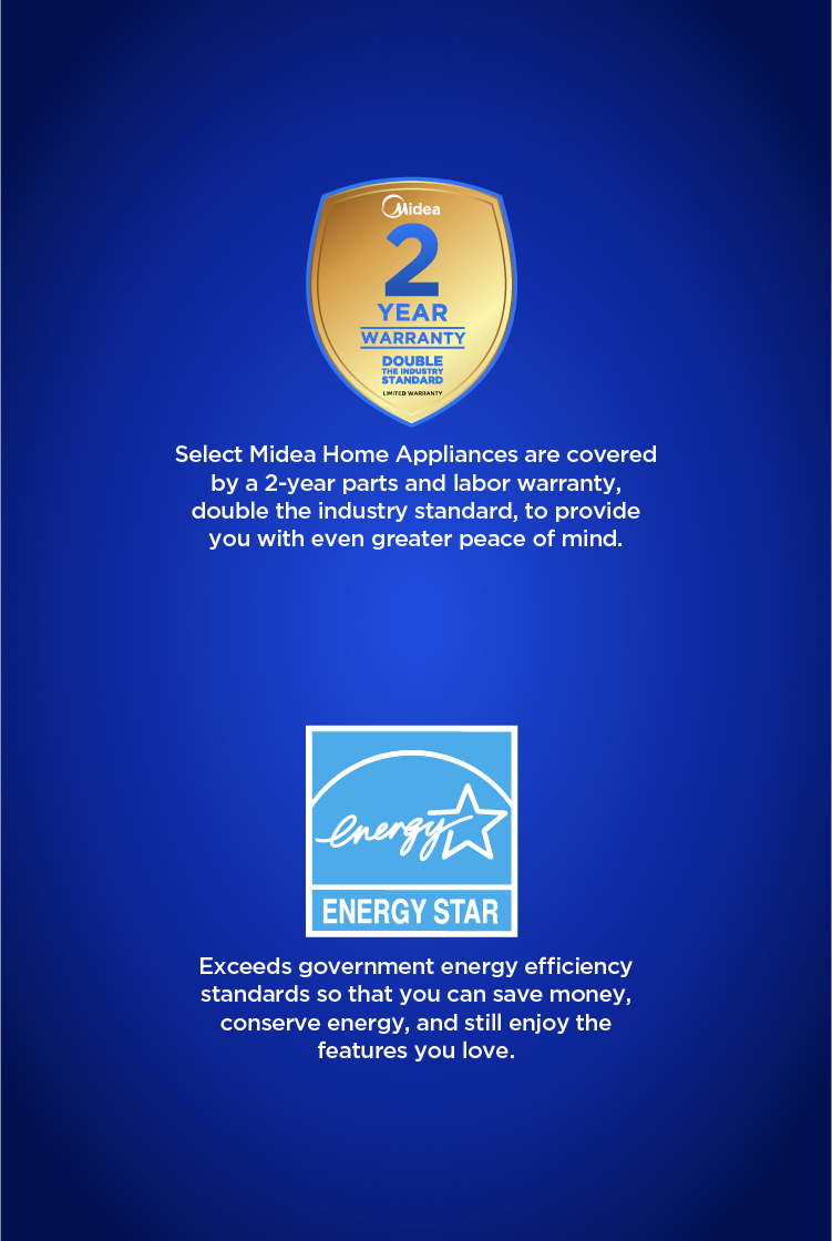 Midea promotional banner on blue background highlighting two certifications: a gold shield badge showing 2-Year Warranty, double the industry standard, and the Energy Star logo confirming the appliance exceeds government energy efficiency standards.