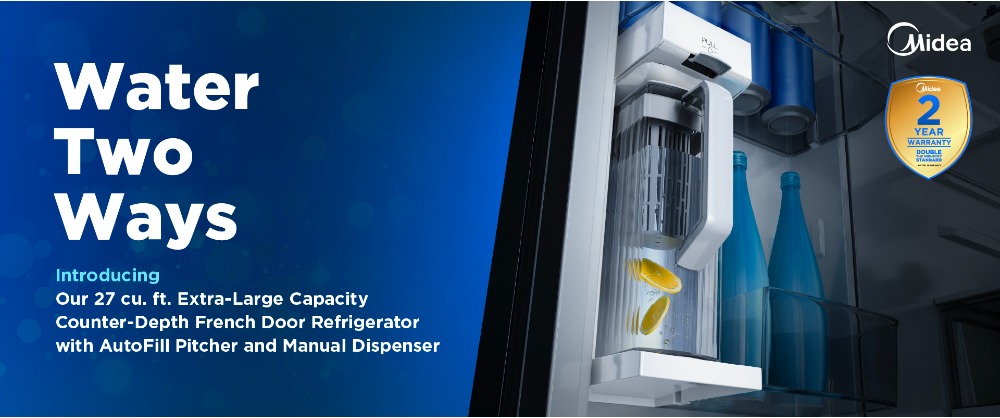Midea 27 cu. ft. Counter-Depth French Door Refrigerator with AutoFill Pitcher and Manual Dispenser, featuring a 2-year warranty. Interior view shows water dispenser with lemon slices.