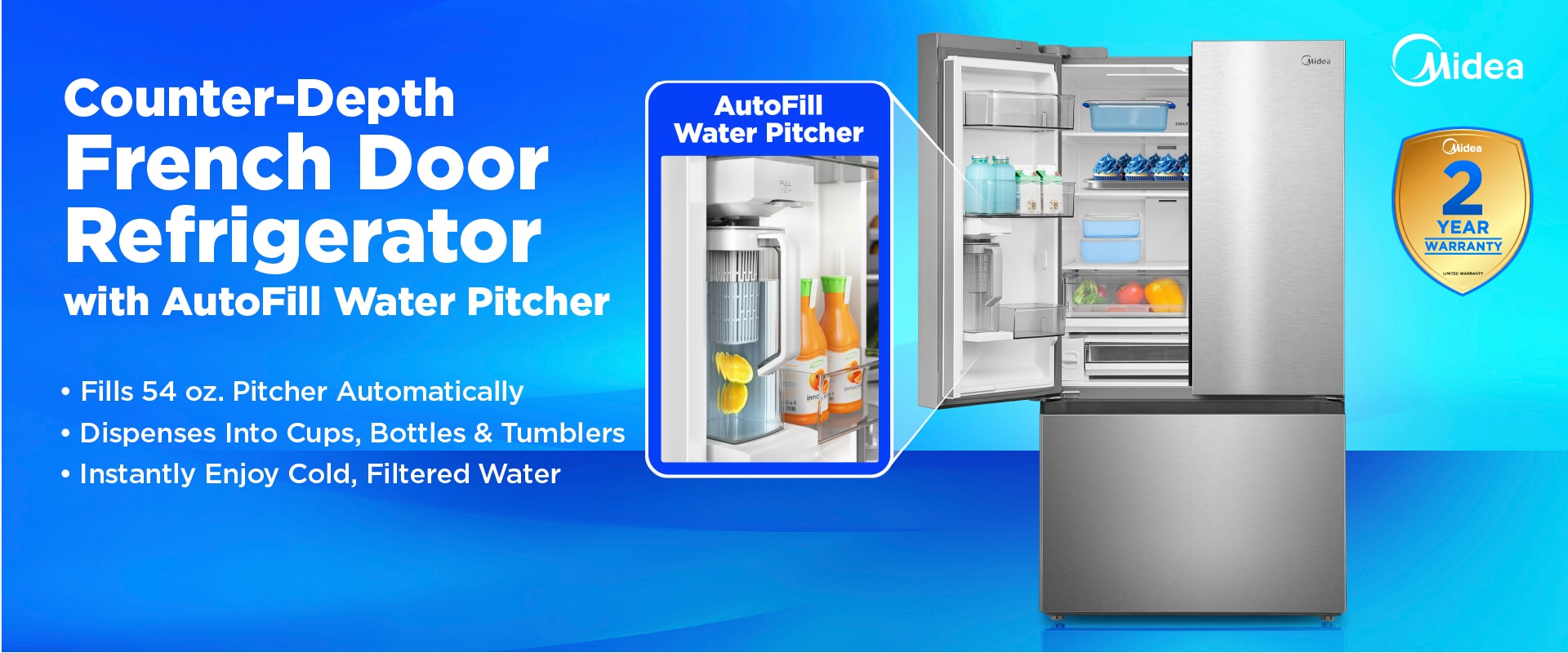 Stainless steel Midea French door refrigerator model MRF27I6BST with AutoFill water pitcher feature highlighted in inset, showing interior with beverages and produce. Two-year warranty badge displayed. Blue gradient background with feature bullets.