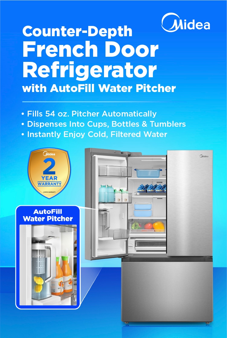 Stainless steel Midea French door refrigerator model MRF27I6BST with AutoFill water pitcher feature highlighted in inset, showing interior with beverages and produce. Two-year warranty badge displayed. Blue gradient background with feature bullets.