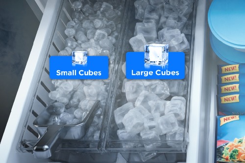 Midea refrigerator ice maker showing two separate ice bins filled with ice, labeled 'Small Cubes' on the left and 'Large Cubes' on the right, highlighting dual ice cube size options.