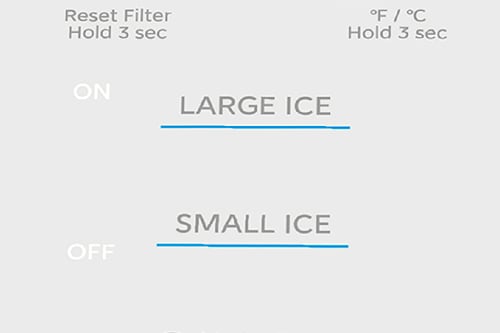 Close-up of the Midea 32 cu. ft. French Door Refrigerator model MRF32I6BST control panel showing ice size options with indicators for 'Large Ice' and 'Small Ice,' along with reset filter and temperature controls.