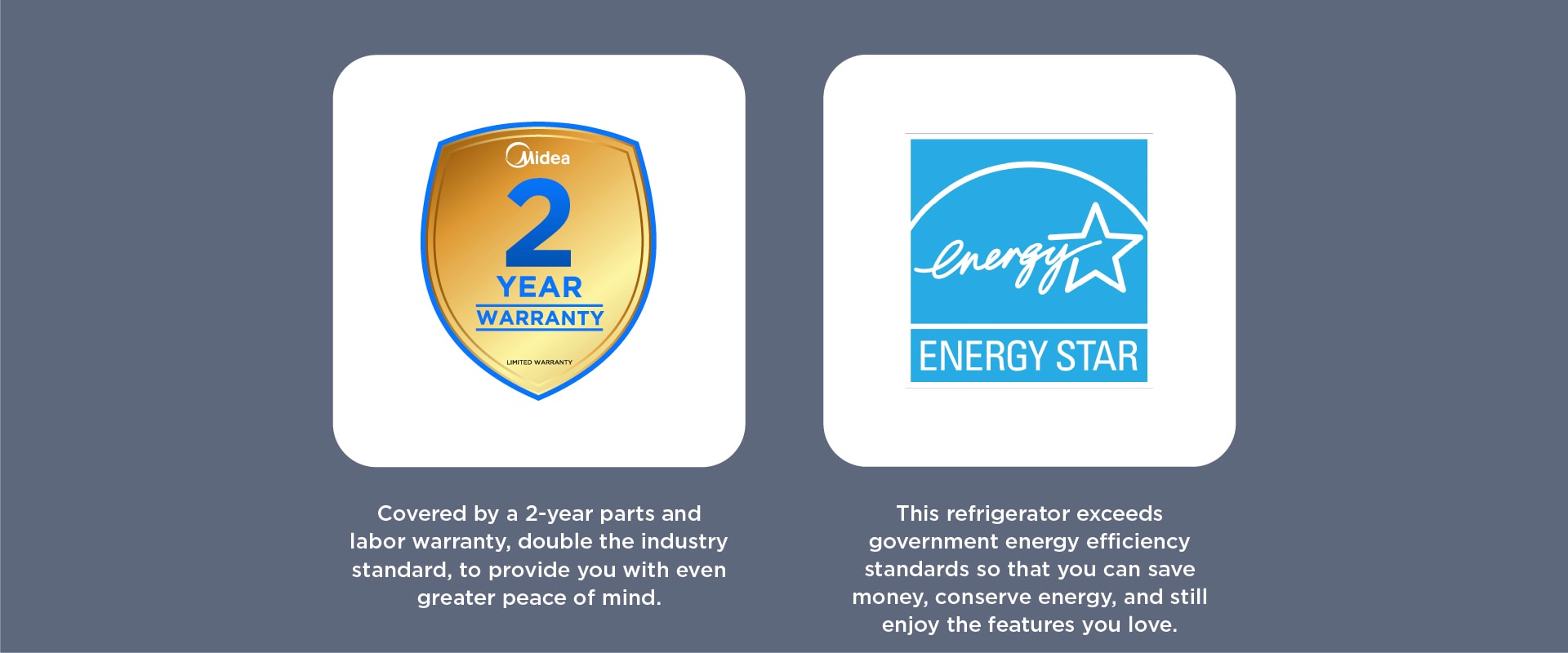 Two certification badges side by side: Left shows Midea 2-year warranty shield in gold and blue. Right displays Energy Star logo. Text below describes warranty coverage and energy efficiency benefits.