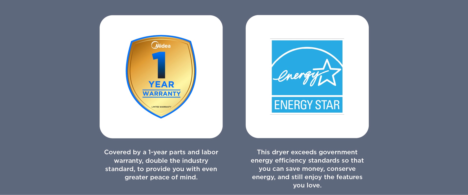 Side-by-side display of Midea 1-year warranty gold shield badge and Energy Star certification logo with descriptions highlighting warranty coverage and energy efficiency benefits.