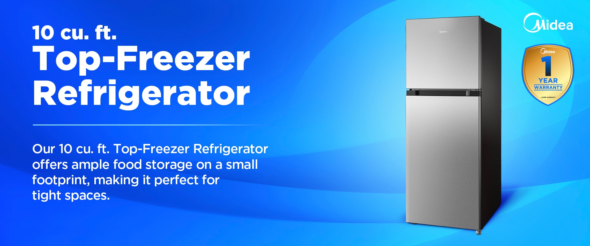 Midea stainless steel top-freezer refrigerator on blue gradient background with white text highlighting 10 cubic feet compact size and 1-year warranty badge.
