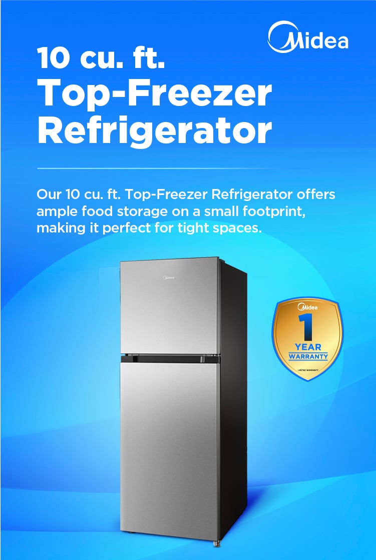 [Midea stainless steel top-freezer refrigerator on blue gradient background with white text highlighting 10 cubic feet compact size and 1-year warranty badge.