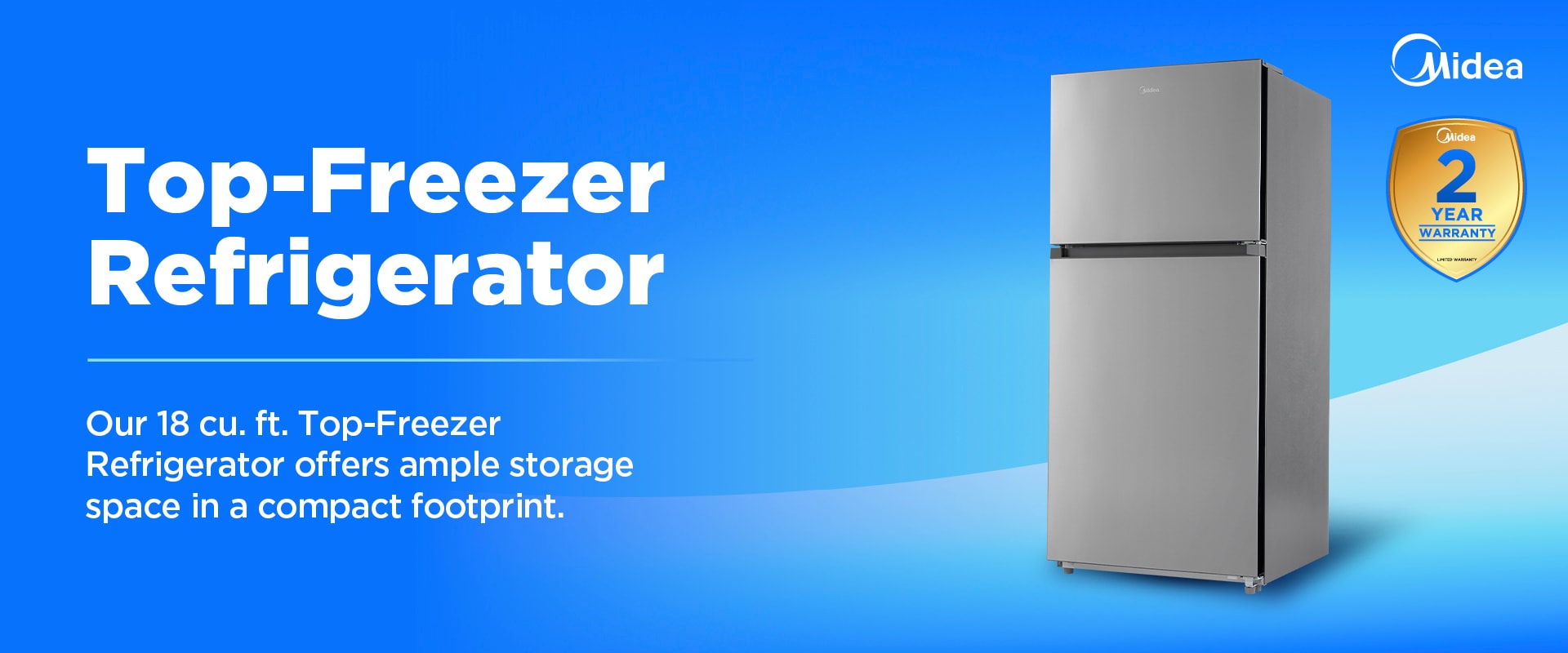 Midea 18 cu. ft. Top-Freezer Refrigerator model MRT18D3B shown in stainless finish on blue background with Midea logo and a 2-year warranty badge, highlighting ample storage in a compact design.