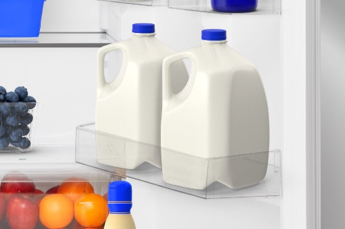 Close-up of the Midea 18 cu. ft. Top-Freezer Refrigerator model MRT18D3B showing two large milk jugs stored securely in the door bin, with fruits and beverages organized neatly inside the fridge.