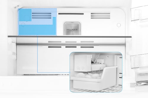 Freezer compartment of the Midea 18 cu. ft. Top-Freezer Refrigerator model MRT18D3B showing the optional ice maker section highlighted in blue, with a close-up inset of the automatic ice maker and ice bin.