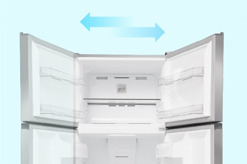 A top freezer refrigerator with reversible door feature, shown with doors open to display white interior shelves and compartments. Blue arrows indicate the door can swing in either direction.
