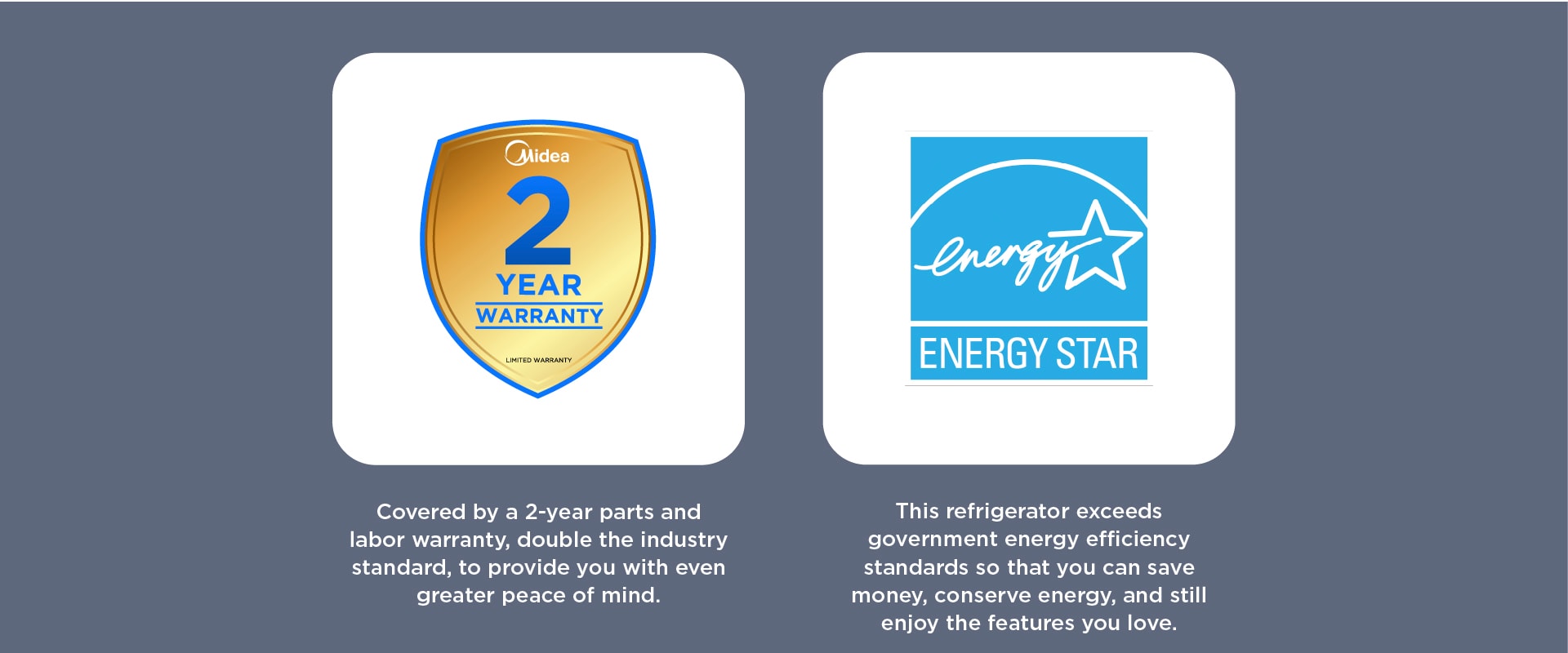 Two certification badges side by side: Left shows Midea 2-year warranty shield in gold and blue. Right displays Energy Star logo. Text below describes warranty coverage and energy efficiency benefits.