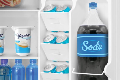 Close-up collage of Midea mini fridge interior showing yogurt containers on shelf, beverage cans in door bins, two-liter soda bottle in door storage, and water bottles on lower shelf.