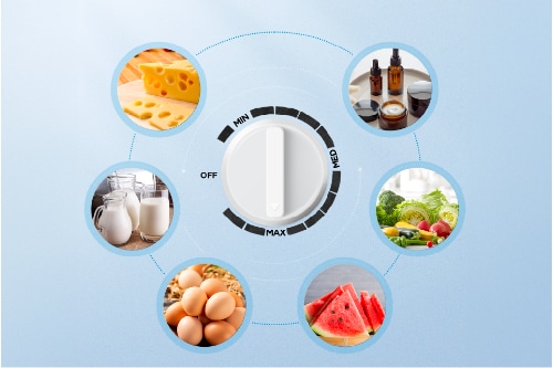 Temperature control dial with Min, Off, and Max settings surrounded by circular images of food items: cheese, skincare products, vegetables, watermelon, eggs, and dairy products.