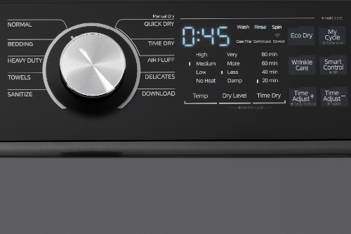Midea gas dryer smart control panel with LED display showing cycle selection dial (Normal, Bedding, Heavy Duty, Towels, Sanitize, Delicates), temperature/dry level settings, time options (20-80 min), and smart features including Eco Dry, Wrinkle Care, and Wi-Fi connectivity.