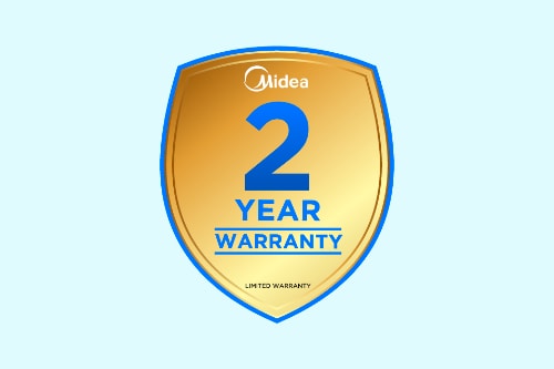 Midea 2-year limited warranty badge displayed as gold shield with blue border and text, indicating warranty coverage included with gas dryer purchase.