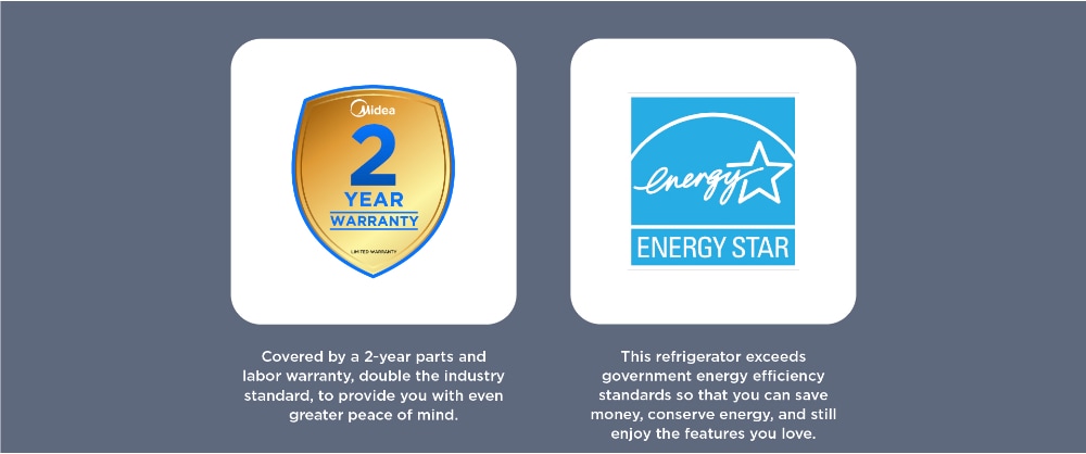 Side-by-side display of Midea 2-year warranty gold shield badge and Energy Star certification logo with descriptions highlighting extended warranty coverage and